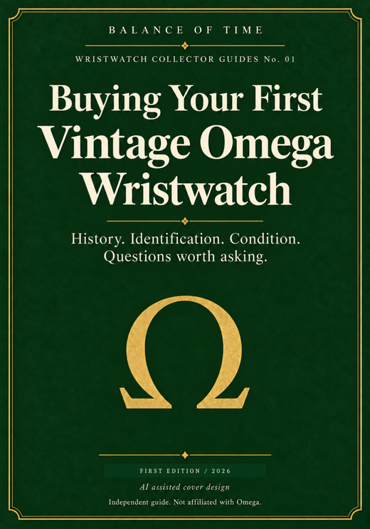 Buying Your First Vintage Omega Wristwatch. First edition, 2026. Approved cover with AI assisted decorative artwork.