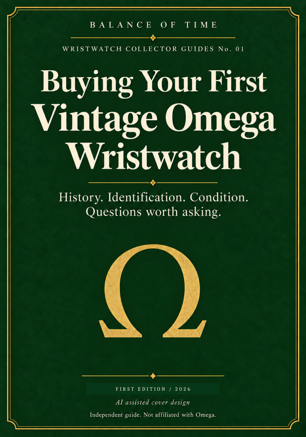 Buying Your First Vintage Omega Wristwatch. First edition, 2026. Approved cover with AI assisted decorative artwork.